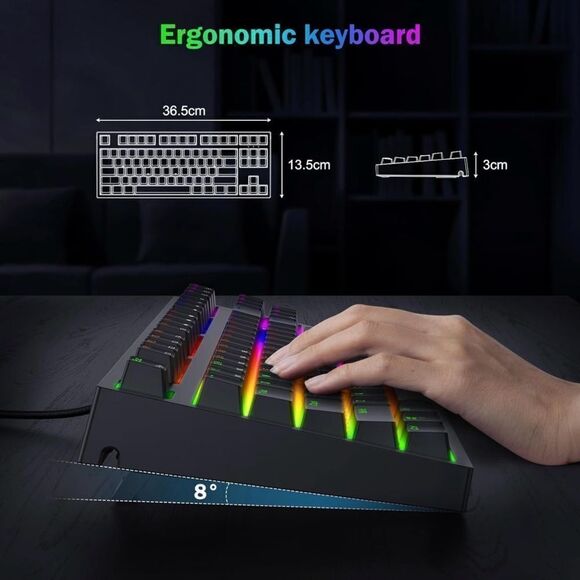 Wired Mechanical Gaming Keyboard LED 87 Keys Compact PC Computer Xbox PS5 NIB - Picture 4 of 6